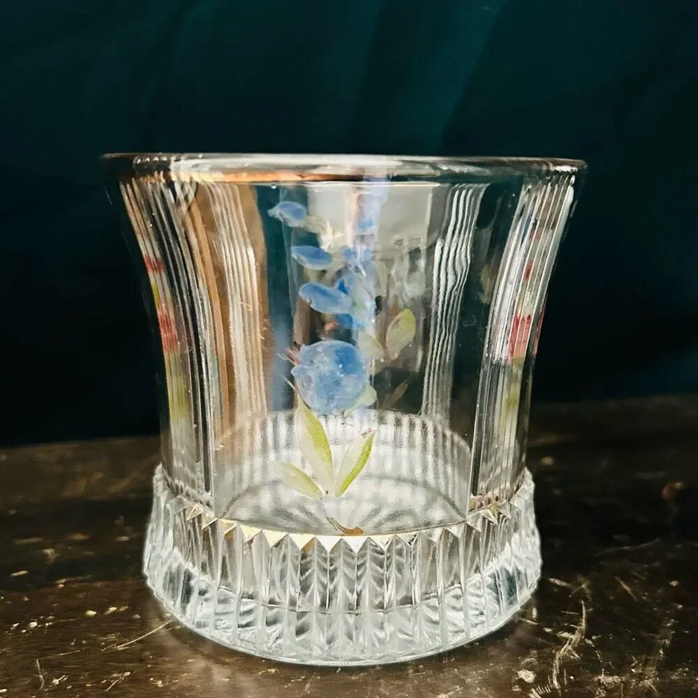 Vintage Cut Glass Hand Painted Spooner Short Vase UV Glow